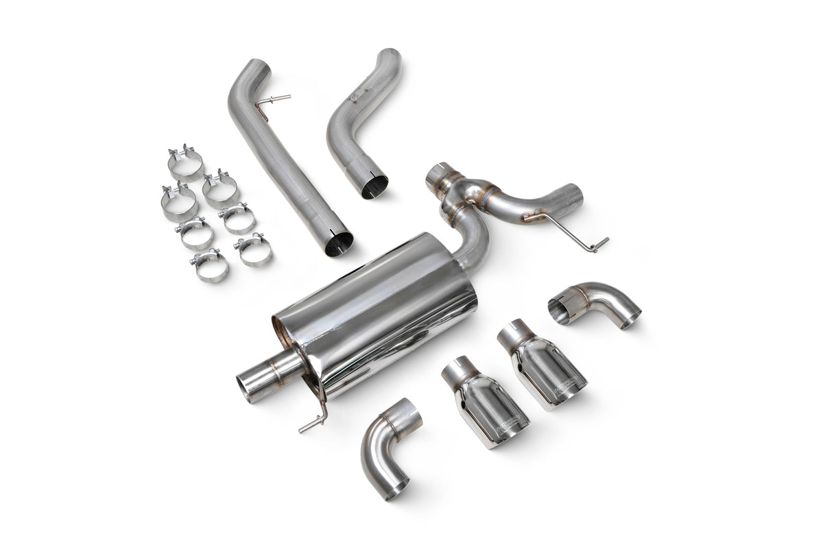 Scorpion BMW 220I G42 GPF-Back Exhaust System with polished metal finish and dual exhaust tips for GPF models only.