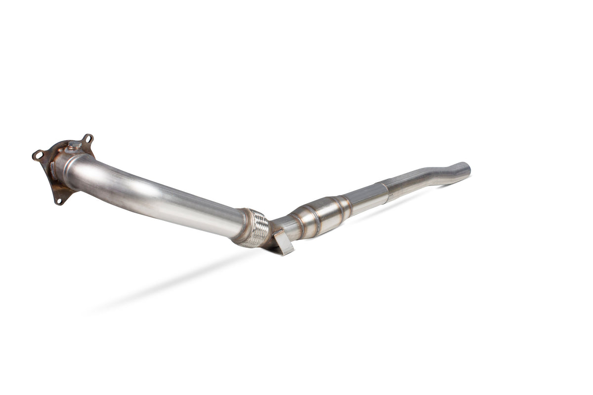Scorpion Volkswagen Golf Mk6 R 2.0 Tsi sports cat downpipe with high flow catalyst, showing the shiny metal exhaust component.