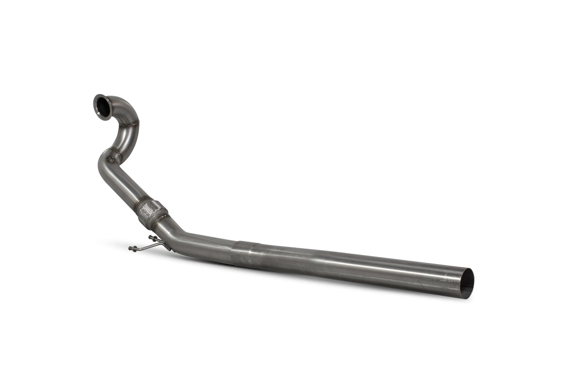Scorpion De-Cat Downpipe installed on Volkswagen Golf R MK7.5, Audi S3 8V, showing the metallic exhaust component and mounting points.