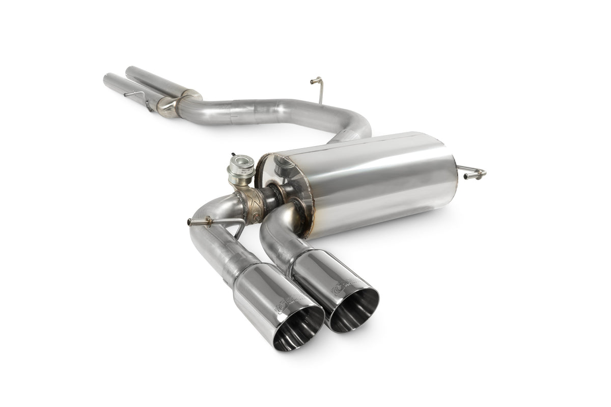 Scorpion Audi RS3 8P non-resonated cat-back exhaust system installed, showcasing polished stainless steel pipes and dual exhaust tips