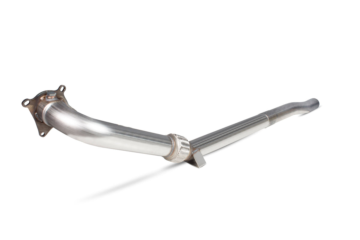 Scorpion Volkswagen Golf Mk6 R 2.0 TSI de-cat downpipe installed in engine bay, showcasing the stainless steel exhaust component.