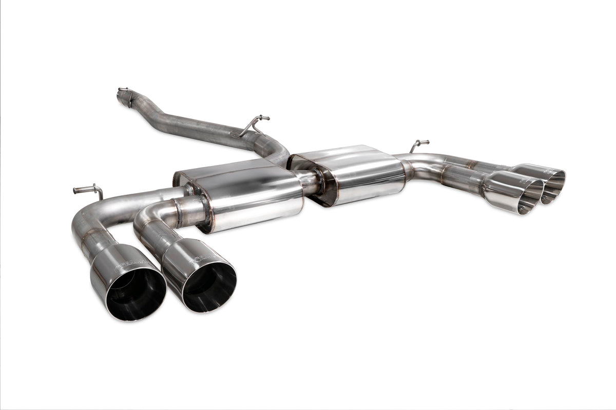 Scorpion Audi S3 8V saloon GPF-back exhaust system without valves, showcasing polished stainless steel pipes and muffler.