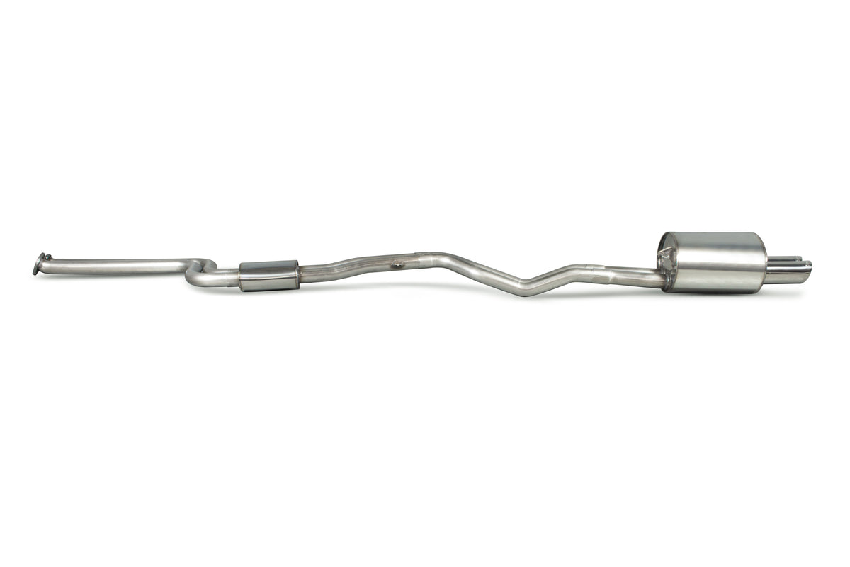Scorpion BMW Z4 E85/E86 resonated cat-back exhaust system installed, showcasing polished stainless steel pipes and muffler.