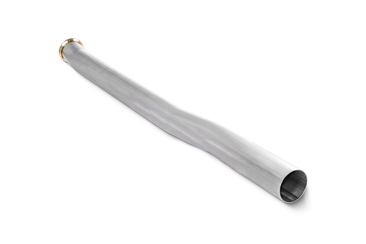 Scorpion BMW F70 M135i GPF delete pipe showing the sleek metal exhaust pipe with branding details visible.