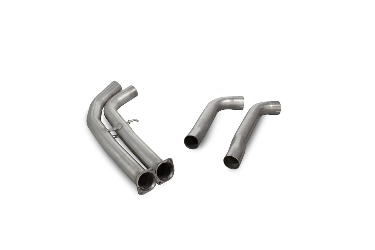 Scorpion BMW F80 M3 and F82 F83 secondary de-cat exhaust section showing polished metal pipes and flanged connections.