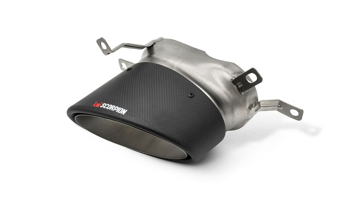 Pair of Scorpion Audi RS6 C7 Avant carbon fibre tailpipe trim, 170x120mm Ascari RS style for enhanced exhaust appearance.