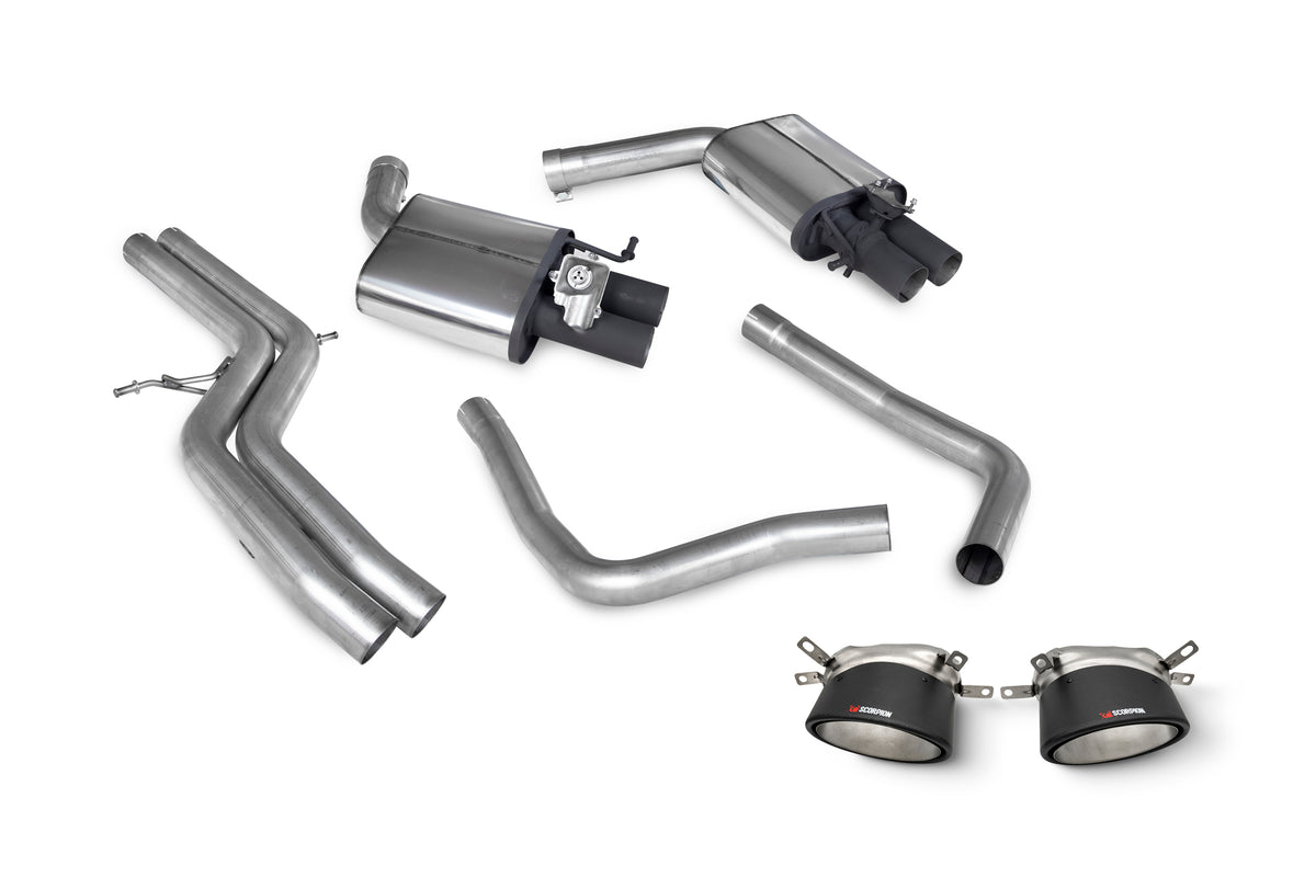 Scorpion Audi RS6 C7 Avant non-resonated tailpipe trim with polished finish, designed for the half system exhaust upgrade.