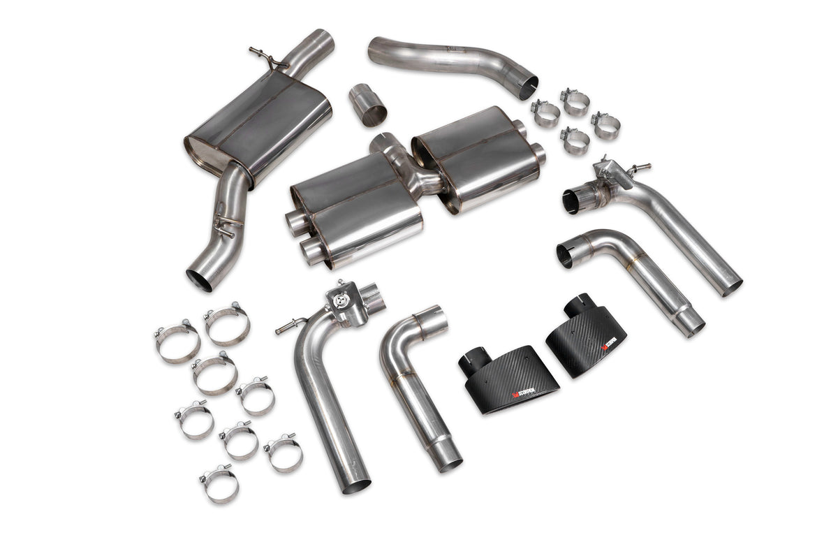 Scorpion Exhausts GPF-Back Exhaust System with valves installed on a white Audi S3 8V saloon, showcasing the polished metal exhaust tips.