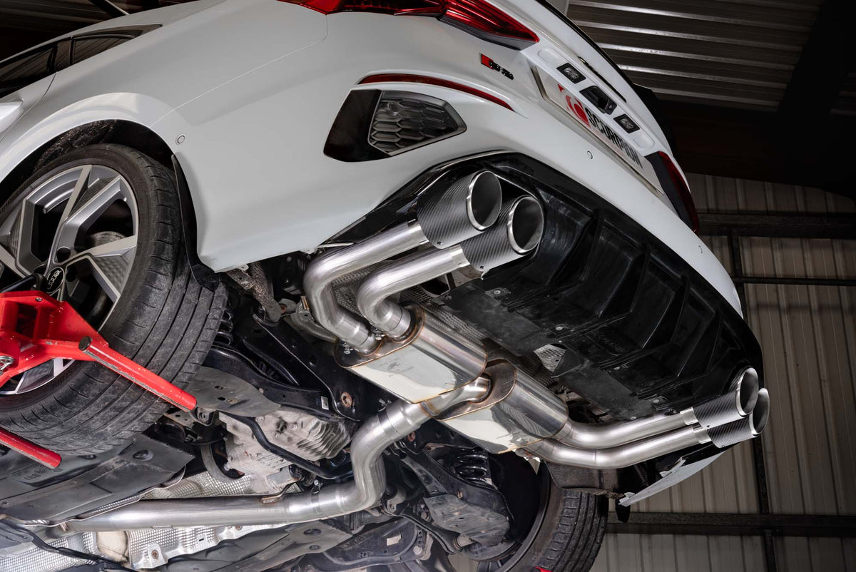 Scorpion Audi S3 8Y saloon GPF-back exhaust system with non-resonated cat and muffler, installed on a silver sedan.