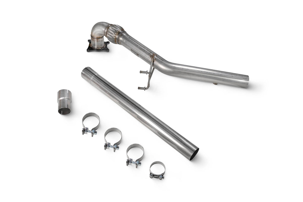 Scorpion Audi TT MK2 TTS de-cat downpipe in polished metal with exhaust flanges and internal piping visible.