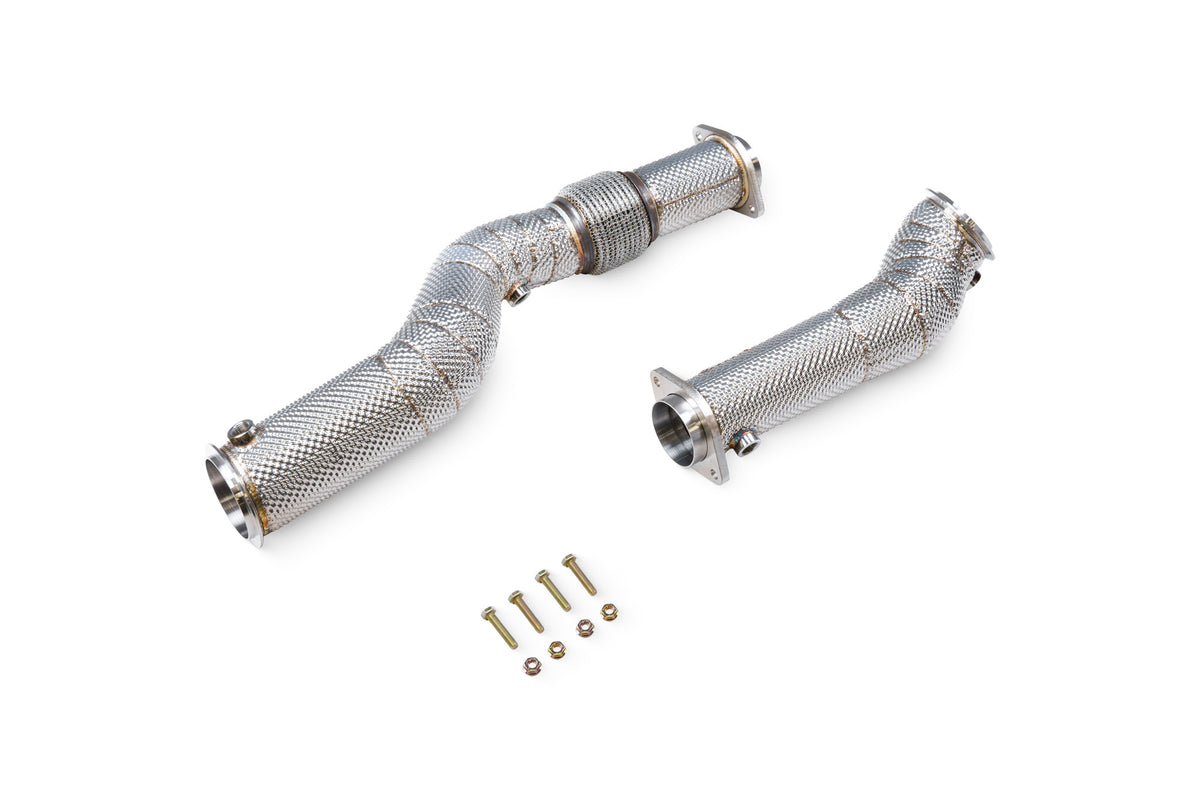 Scorpion BMW M2 G87, M3 G80/G81, M4 G82 de-cat downpipe, showing polished metal construction and exhaust pipe details.
