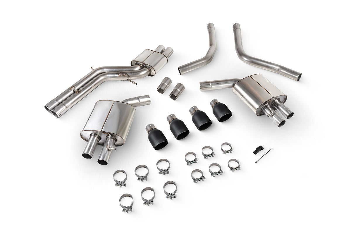Scorpion Audi S6/S7 C7 resonated half exhaust system with no valves, showcasing polished metal pipes and dual exhaust tips.