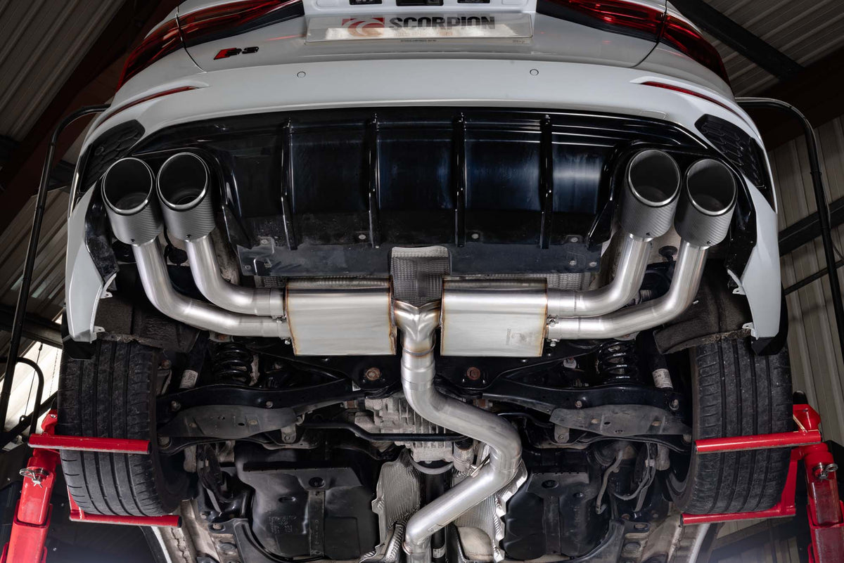 Scorpion Audi S3 8Y saloon GPF-back exhaust system with non-resonated cat and GP F-back design, shown in polished stainless steel.