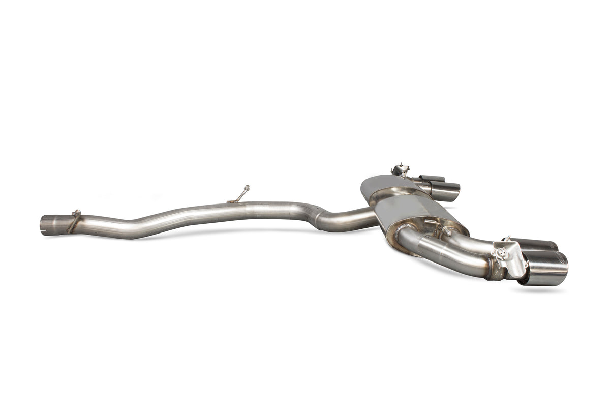 Scorpion Audi TT MK3 TTS non-GPF coupe cat-back exhaust system with valves, featuring polished stainless steel pipes and dual exhaust tips.