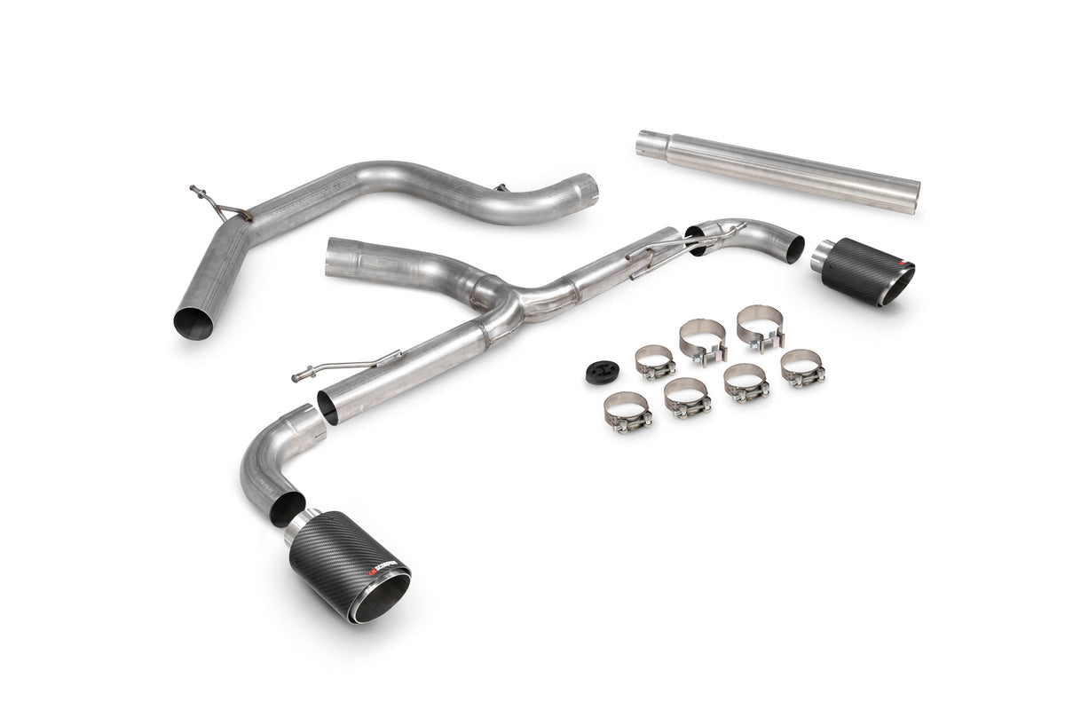 Scorpion Volkswagen Scirocco R non-resonated predator cat-back exhaust system with chrome tips on a car.