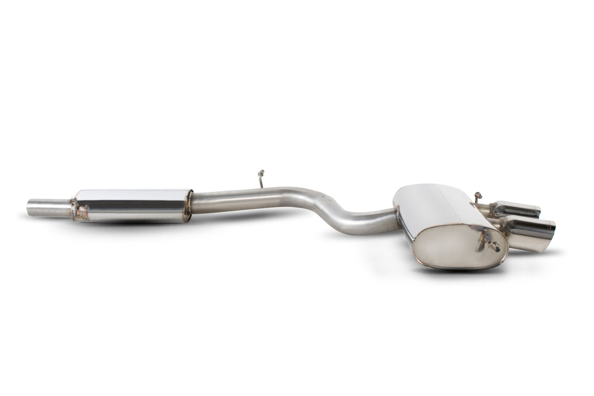 Scorpion Volkswagen Golf MK5 R32 resonated cat-back exhaust system with polished metal pipes and dual exhaust tips.