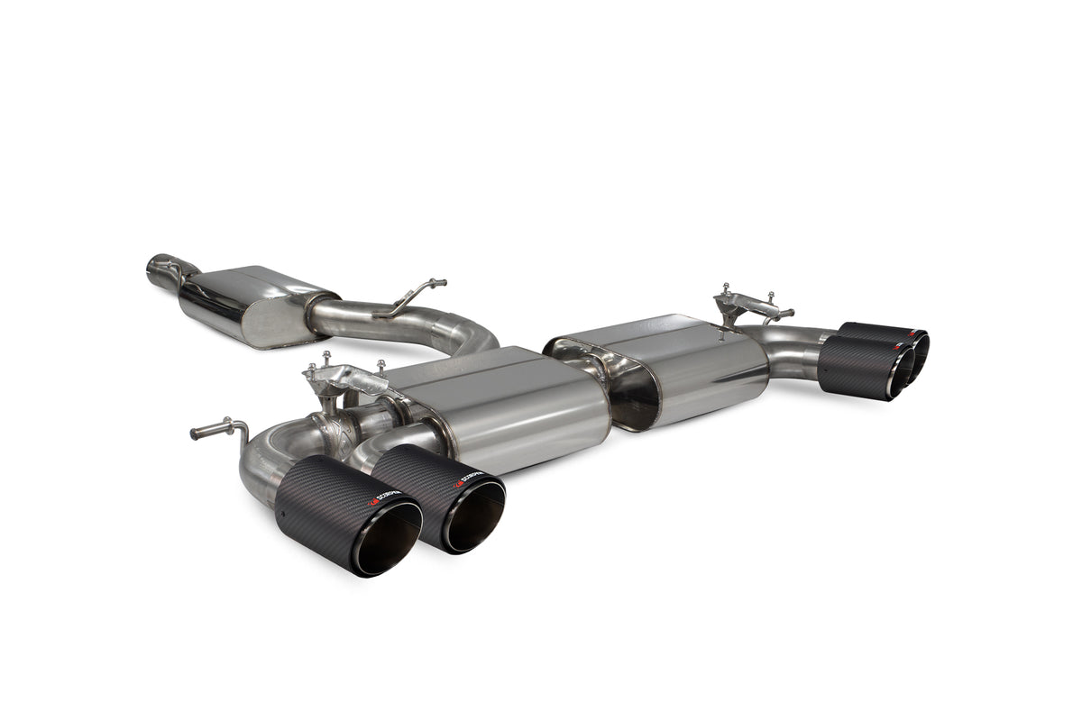 Scorpion Audi S3 8V GPF-Back Exhaust System with resonated cat and valves, showcasing the stainless steel design and dual exhaust tips.