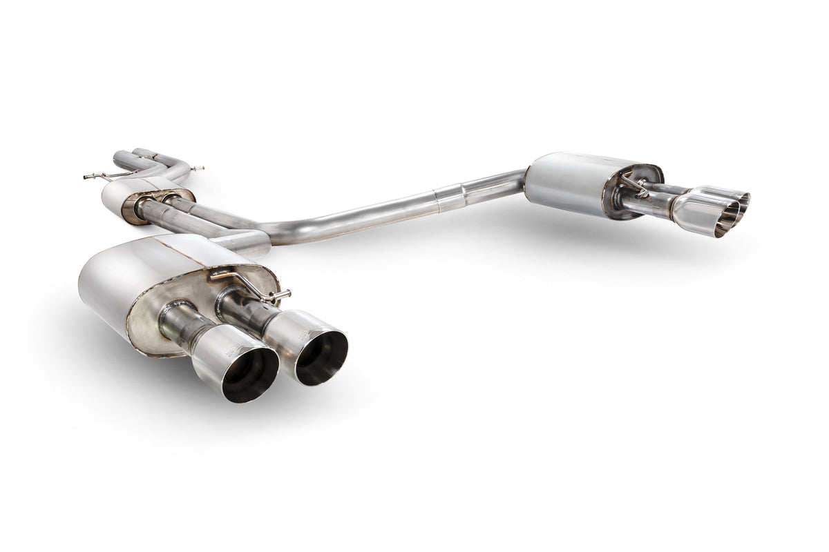Scorpion Audi S6/S7 C7 resonated half exhaust system with no valves, showcasing polished stainless steel pipes and muffler components.