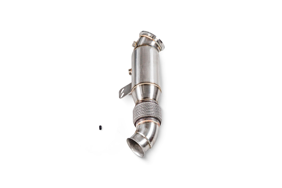 Scorpion BMW X3 M40i G01 sports cat downpipe with high flow catalyst, showcasing the polished exhaust component and branding.