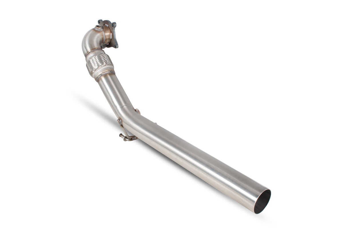 Scorpion Volkswagen Scirocco R de-cat downpipe showing polished metal pipe with mounting brackets and exhaust flanges.