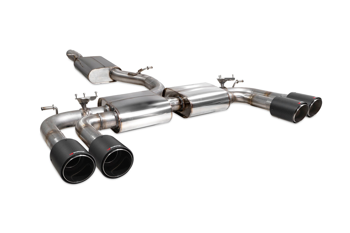 Scorpion Audi S3 8V saloon resonated GPF-back exhaust system with valves, featuring polished metal tips and pipework.