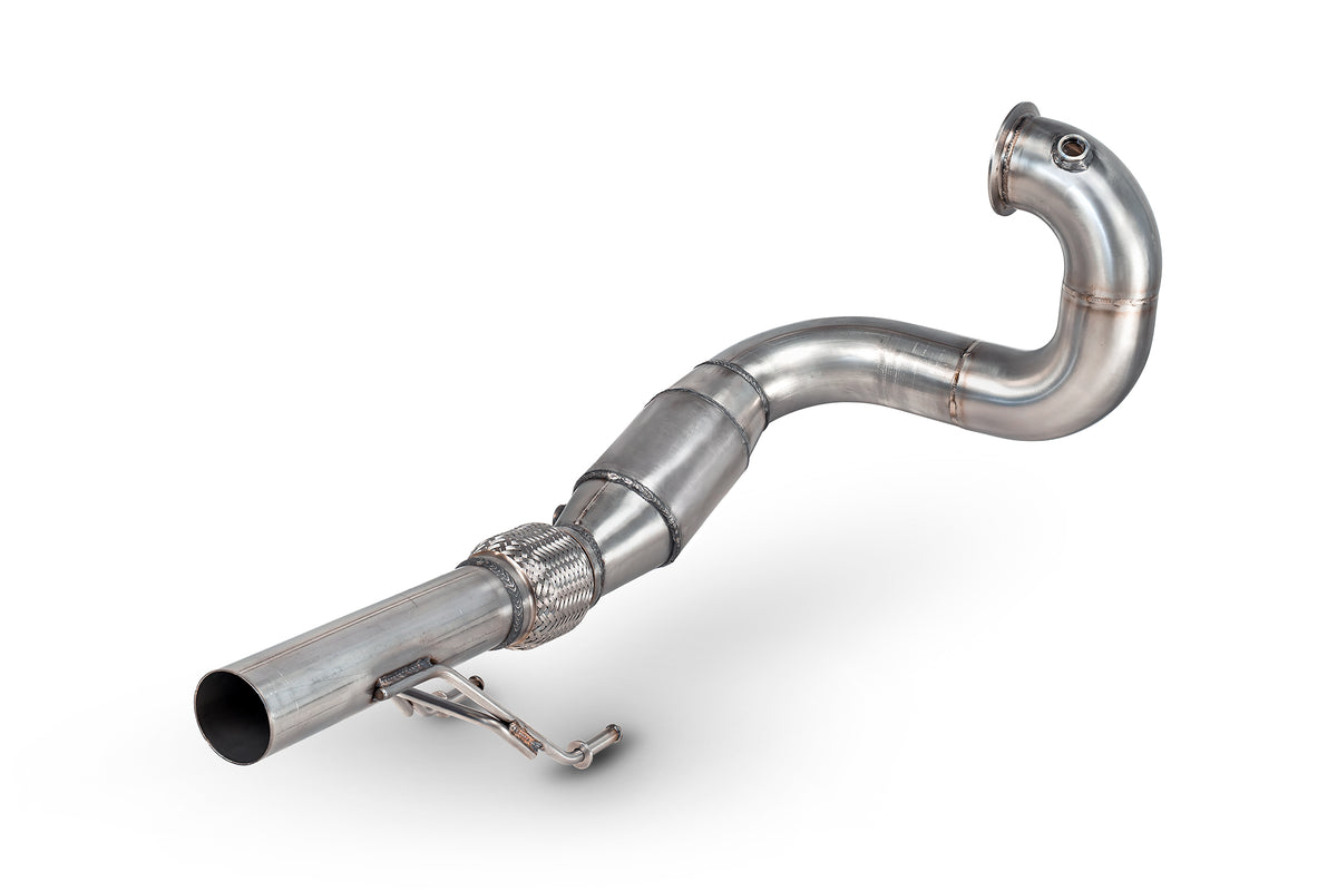 Scorpion Volkswagen UP! GTI TSI De-Cat Downpipe installed, showing the metal pipe with mounting flanges and exhaust connection details.