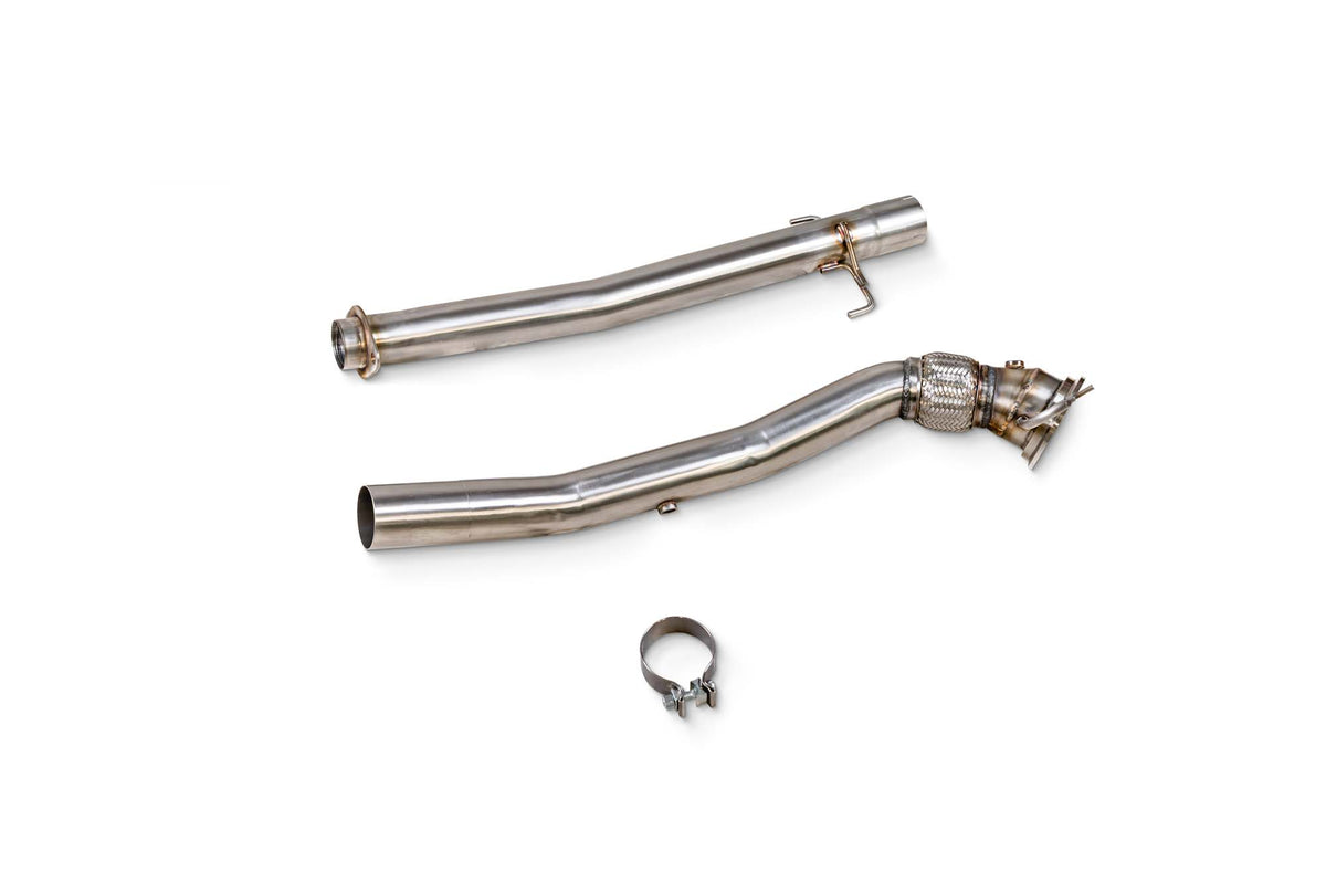 Scorpion Toyota Yaris GR GEN 2 De-Cat Downpipe installed on exhaust system, showcasing metallic finish and connection points.