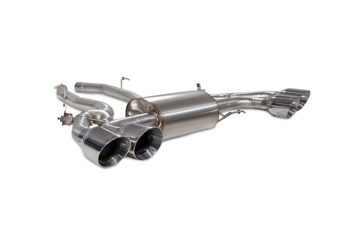 Scorpion BMW X4 M half exhaust system with valves, showing the polished metal exhaust tips and pipe components.
