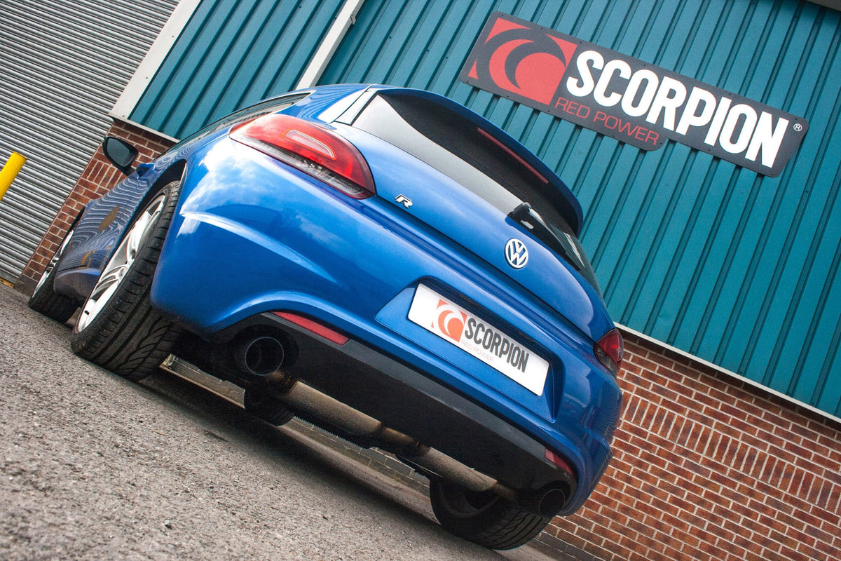 Scorpion Volkswagen Scirocco R cat-back exhaust system with polished stainless steel tips and dual exhaust pipes.