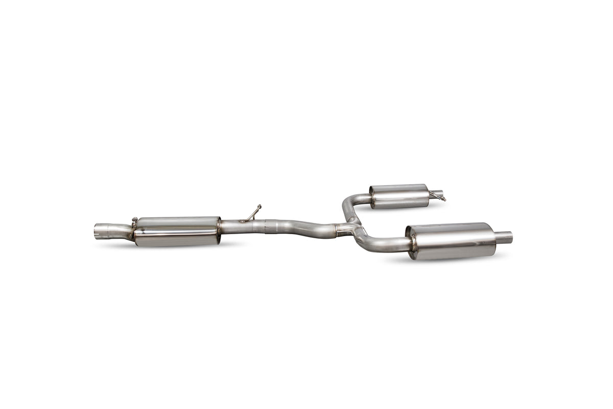 Scorpion Volkswagen Golf MK7 R Estate resonated cat-back exhaust system installed on a car, showcasing polished stainless steel pipes