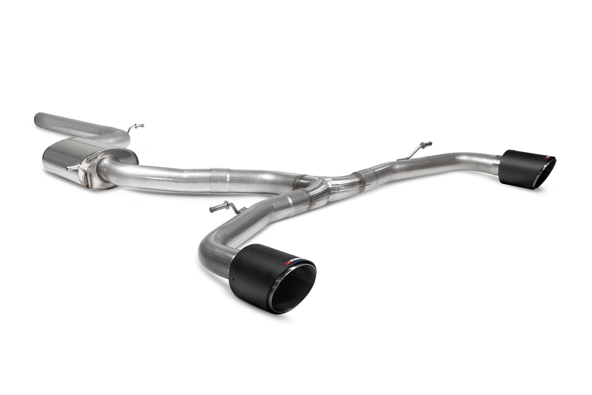 Scorpion Volkswagen Golf MK8 GTI GPF-Back Exhaust System showing stainless steel pipes and dual exhaust tips