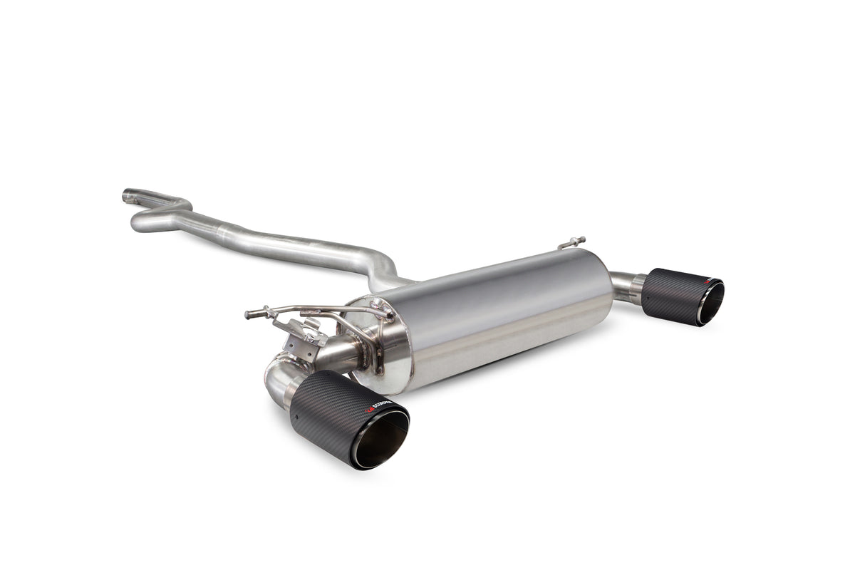 Scorpion BMW M240i F22 F23 non-GPF cat-back exhaust system with electronic valves and non-resonated design, installed on vehicle.