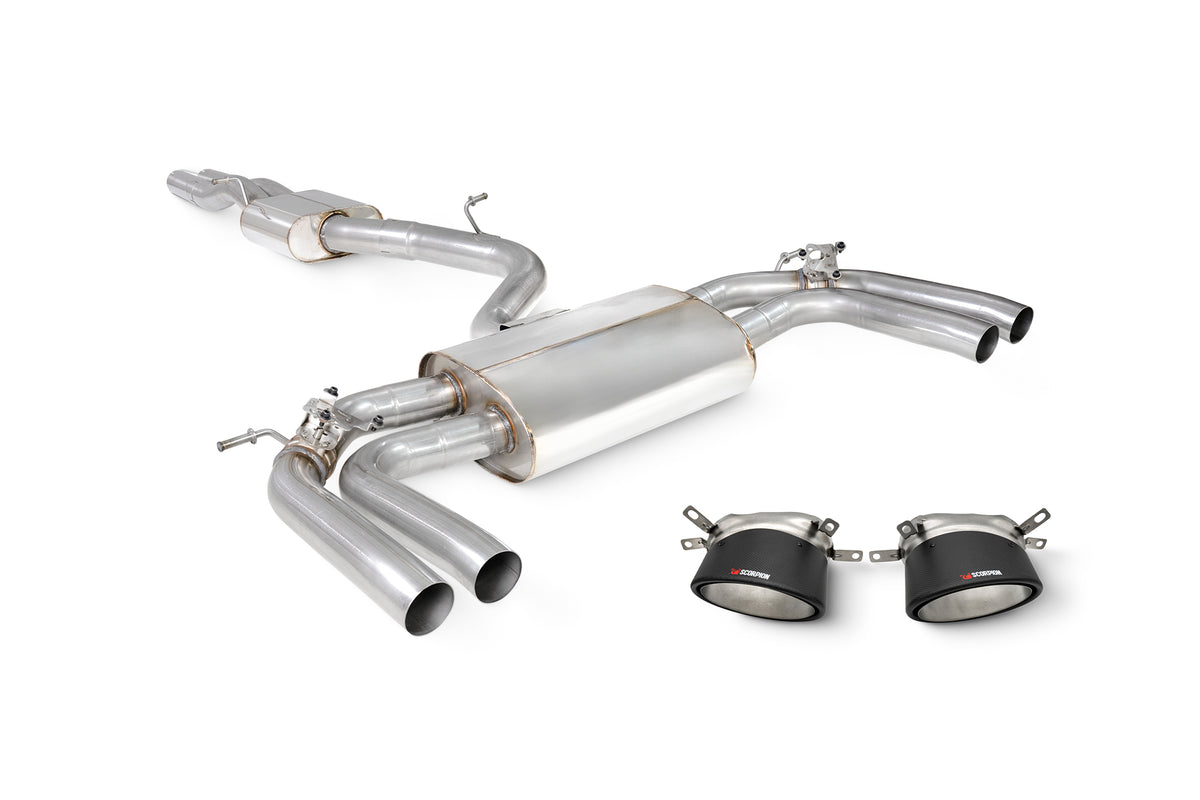 Scorpion Audi RS3 8Y saloon GPF-back exhaust system with resonated cat and valves, showcasing polished metal pipes and muffler details.