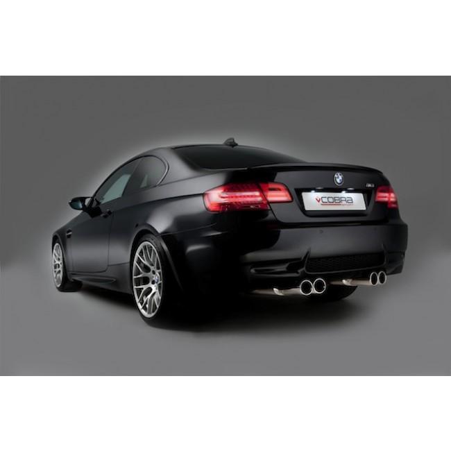 Cobra Sport BMW M3 E90 E92 E93 rear axle back performance exhaust with polished tips, showcasing the sleek exhaust system.