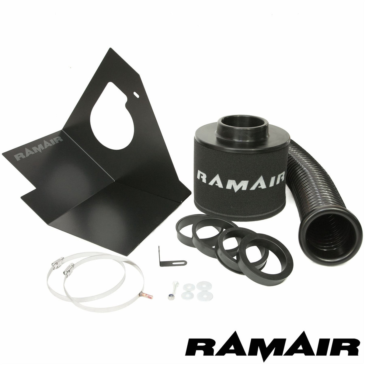 Ramair performance foam air filter and heat shield induction kit installed in a BMW E46 3 Series 330 Challenge model.