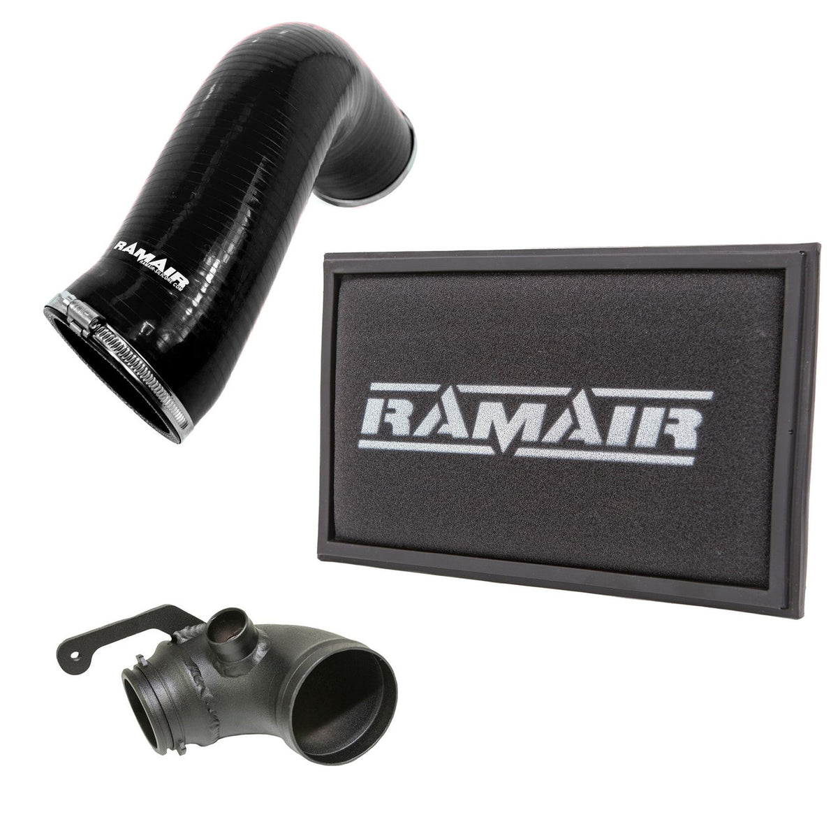 Ramair panel air filter intake pipe, air hose, and turbo elbow for A3 S3 TSI MQB induction kit, showing metal and rubber components.