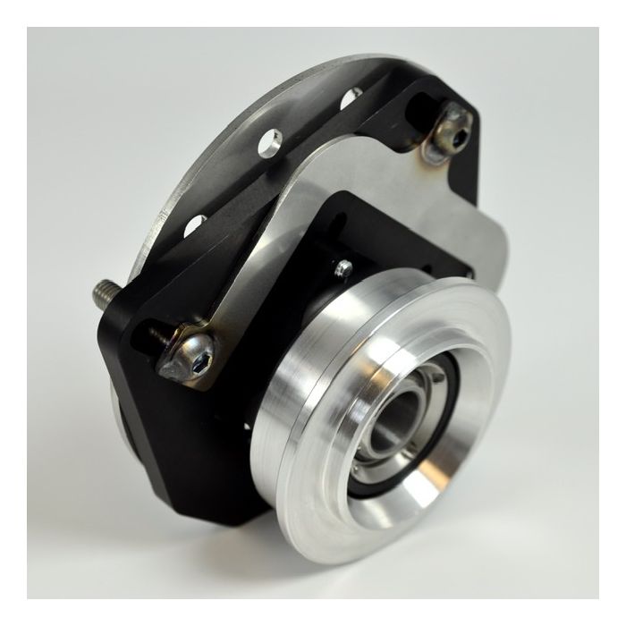 Millway Motorsport adjustable camber plates for E9X M3 and E82 1M suspension top mounts, shown installed on vehicle suspension.