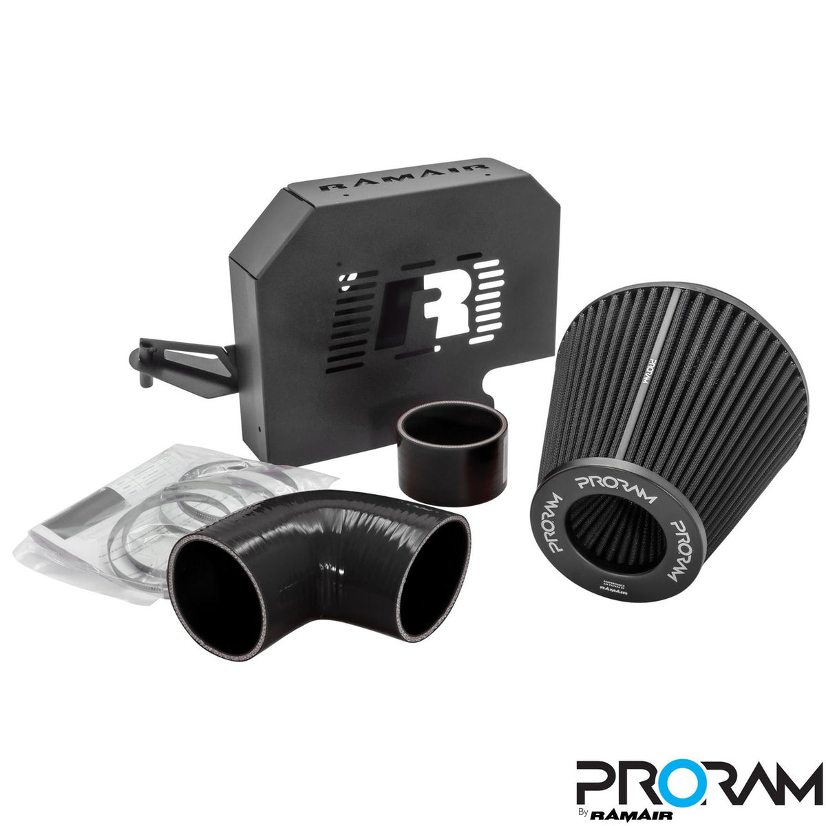Ramair PRORAM Focus ST 225 induction kit with ECU holder, featuring air filters and intake components in a detailed view.