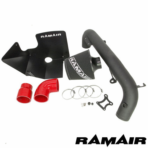 Ramair Ford Focus RS MK3 2.3 Ecoboost induction kit with cone foam air filter, heat shield, and hard pipe for improved airflow.