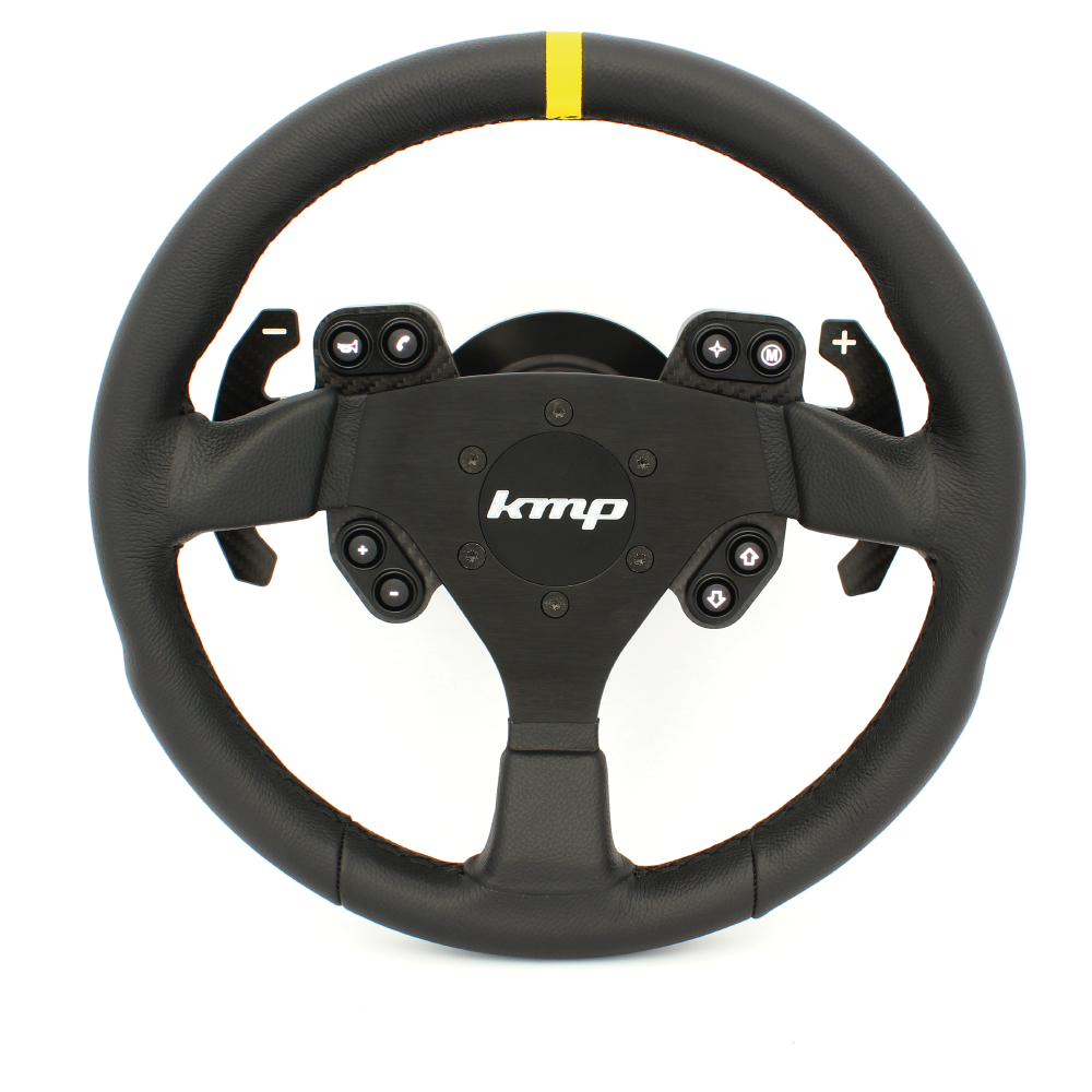 KMP Drivetrain Clubsport steering wheel for BMW E9X, black leather with silver accents, mounted on the car dashboard.