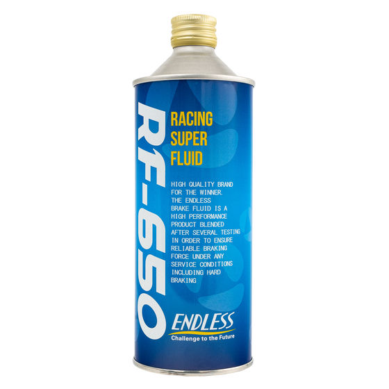 Endless RF650 brake fluid bottle, 500ml, for automotive brake systems, featuring the Endless Brakes branding and clear fluid inside