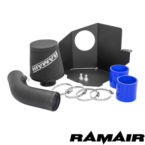 Ramair air filter induction intake kit installed in a Ford Fiesta ST MK8 1.5 Ecoboost engine bay, showing the sleek filter and intake components.