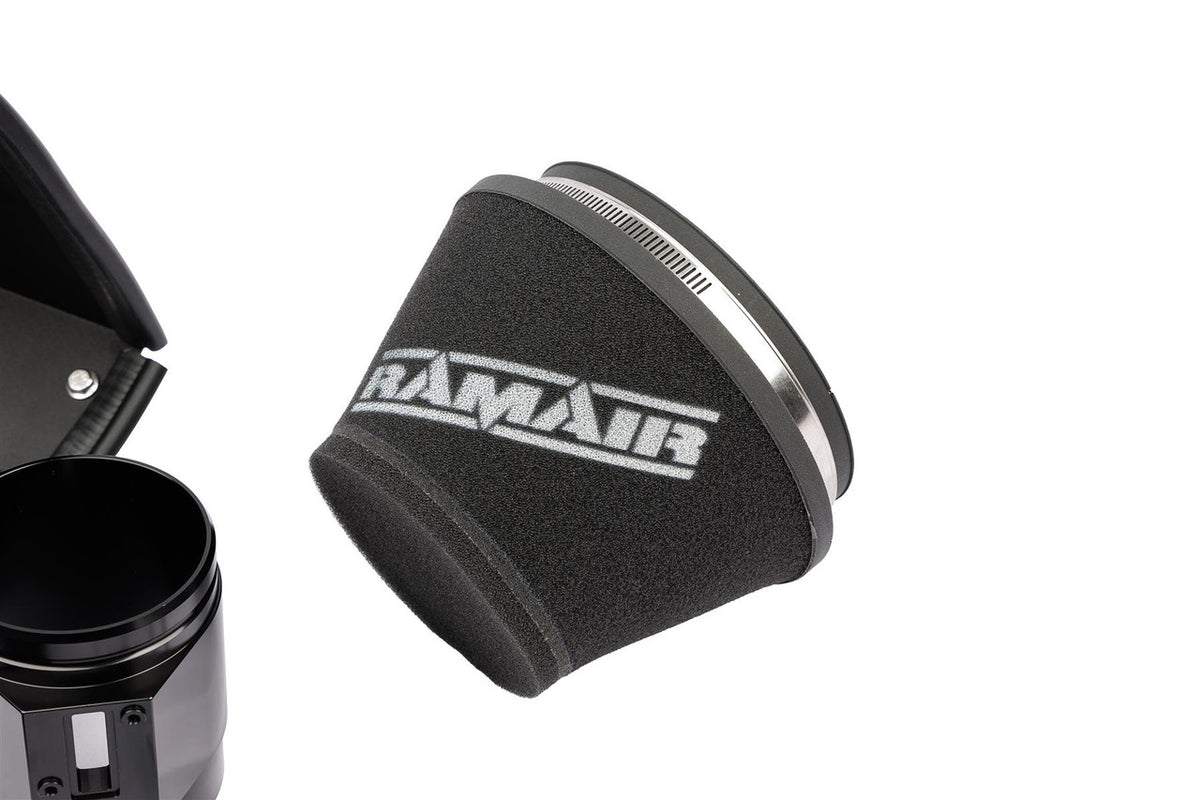 Ramair induction kit with panel air filters installed in BMW 128ti, 135i, and Mini Cooper GP F56 engine bay.