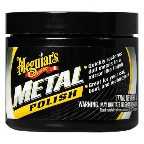 Meguiars Metal Polish 170g jar with polishing cloth and metal surface, showcasing the product's packaging and application.