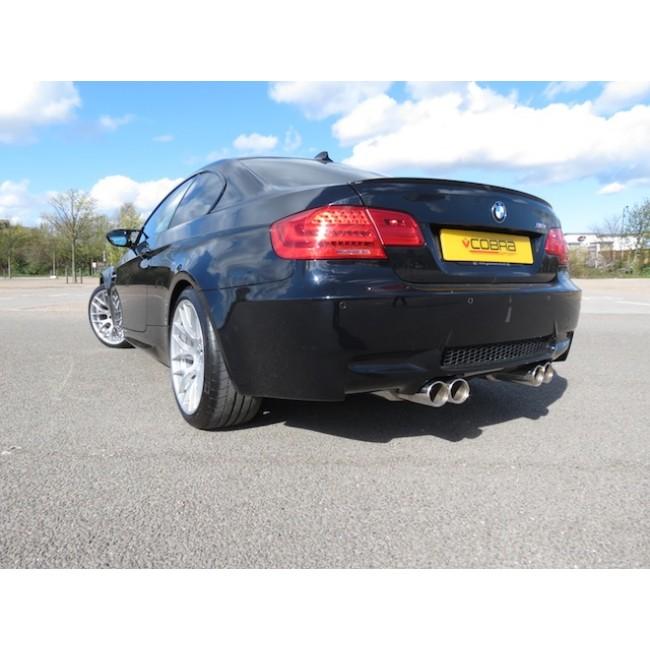 Cobra Sport rear axle back performance exhaust for BMW M3 E90, E92, E93 showcasing the polished exhaust tips and piping.