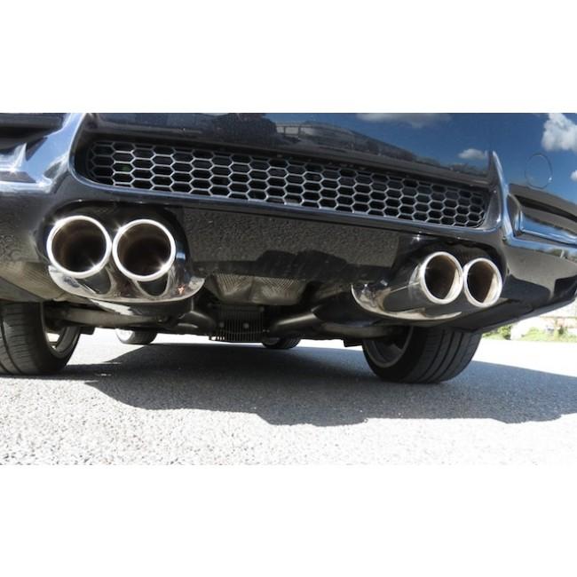 Cobra Sport BMW M3 (E90, E92, E93) rear axle back performance exhaust, showing polished metal tips and exhaust pipe details.
