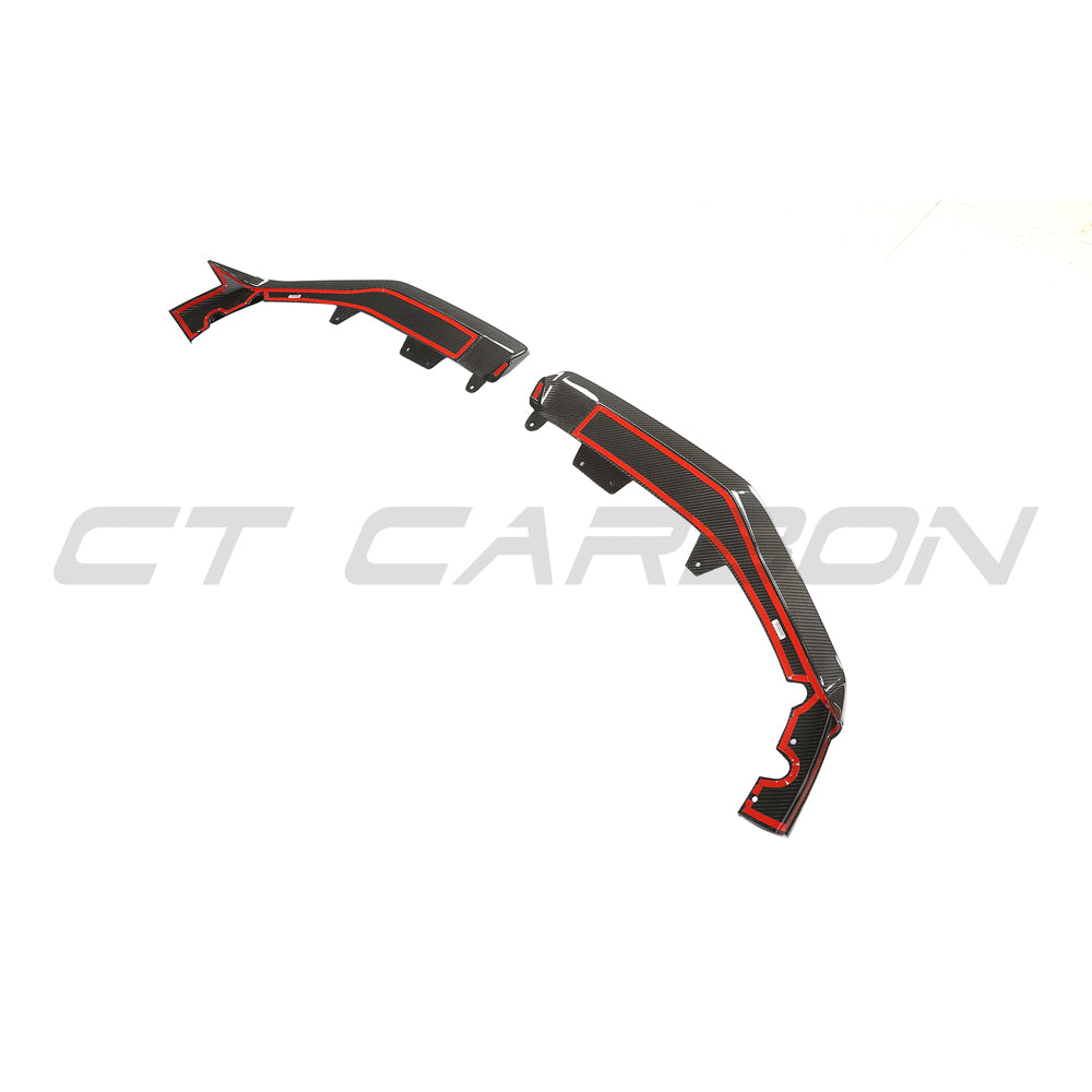 BMW F95 X5M 2023+ CT Carbon carbon fiber splitter installed on front bumper, showcasing sleek, aerodynamic design.