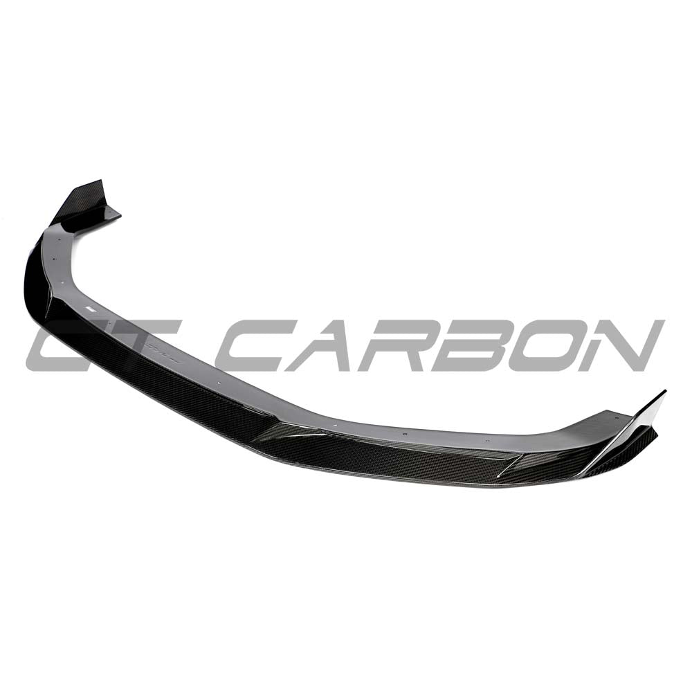 CT Carbon Audi RS3 8Y 2025+ carbon fiber splitter shown on the front of the vehicle with detailed carbon fiber finish.