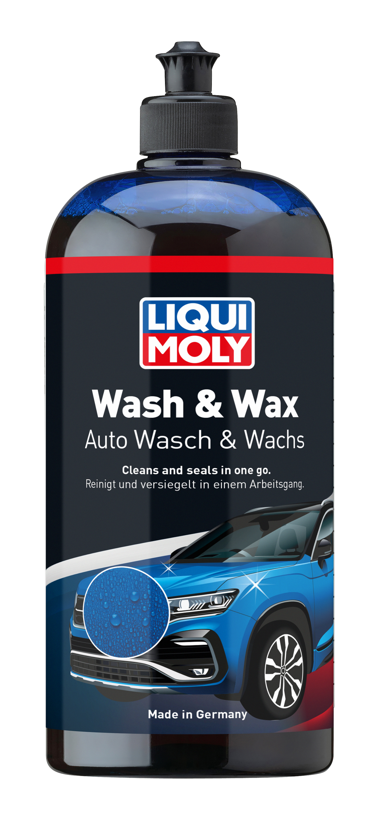 Liqui Moly Wash and Wax 1L bottle for car detailing, with a clean label and black cap, shown in the image.
