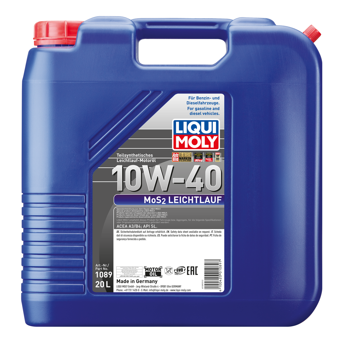 Liqui Moly MoS2 10W-40 engine oil bottle with label showing product details and brand logo.